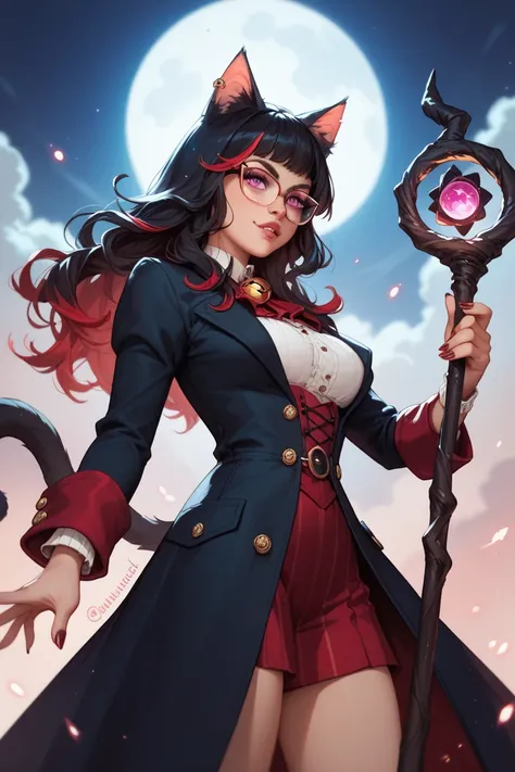 A nerdy Catgirl wearing glasses and witch cloths with pink eyes and long black hair with red highlights as a Evil witch with a dark red and black magic scepter