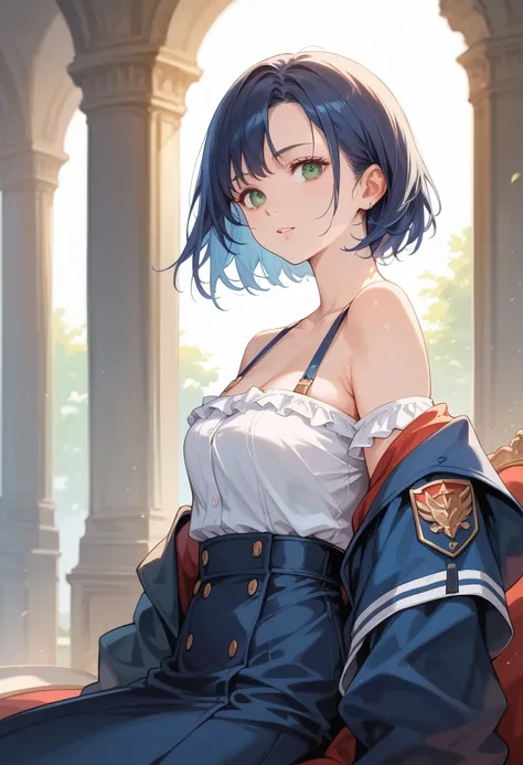  top quality, masterpiece,  super high resolution, ( realism: 1.4), Original photo,  1 girl in uniform,  green eyes,  Off Shoulder ,  Cinematic Lighting,  blue hair, At sunset