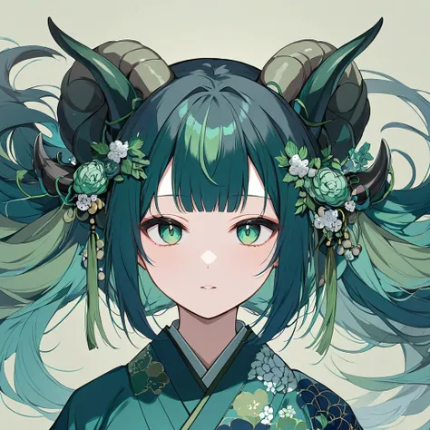 1 woman. long dark blue into dark green hair. dark blue and dark green hair. decorated ram horns. wearing a beautiful kimono.