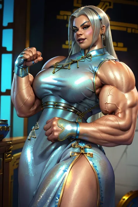 ((Close-up)), tall, (White hair) beautiful muscular woman, long hair, brown skinned, (smirking), large breast, (black lipstick), (massive muscles), (hyper muscle), ((ginormous bulky muscles)), blue eyes, (((((metallic cheongsam dress))))), (fingerless glov...