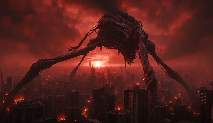 The great tree. It looks like an oak tree. A nightmarish colossal tree of flesh. Its throbbing, and skin and bones are sticking out of it. It towers over the skyscrapers of the burning city. Armageddon. the end of the world. horror. A crimson sunset, scarl...