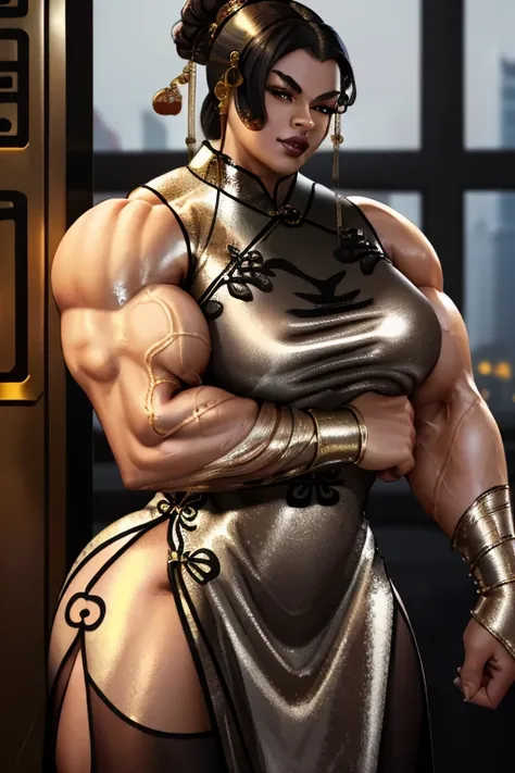 ((Close-up)), tall, (jet black hair) beautiful muscular woman, wavy ponytail, brown skinned, (smirking), large breast, (black lipstick), (massive muscles), (hyper muscle), ((ginormous bulky muscles)), white eyes, (((((metallic cheongsam dress))))), (finger...