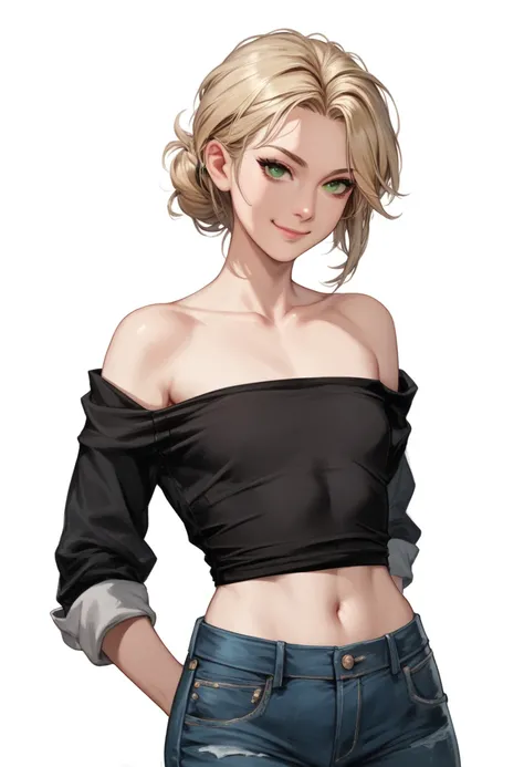 Cartoon of a girl, sexy, war,  seductive,  Closed mouth ,  wry smile ,  blond hair ,  green eyes, parts,  perfect face , jeans, black shirt with dropped shoulders, small chest,  hands behind the back ,  white background
