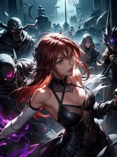  top quality、torture、  slave、restrict、Bondage、Caught by a bunch of monsters 、Surrounded by monsters、、 beautiful woman with very long reddish pink hair（ messy hair standing in the way）、white see-through celtic dress 1:5（white、Small breasts、 deep v-neck、Slee...