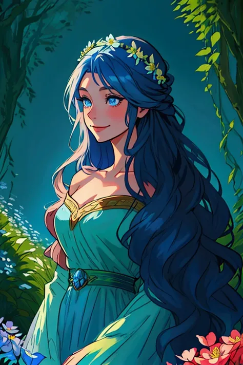 a beautiful girl in a magical garden, long flowing hair, deep blue eyes, radiant smile, elegant flower crown, enchanted forest background, vivid colors, comic style.