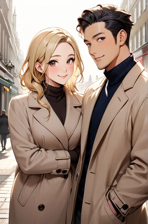 Portray a full shot of an international couple on the streets of London. The couple is walking arm in arm looking directly in to the camera, accentuating a joyful winter time. The couple features an Asian man in his thirties and a white European woman in h...