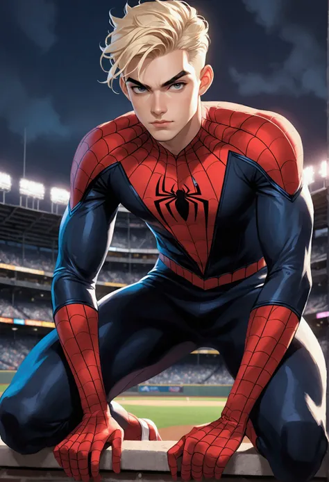 2d illustration of a young man with shaved blond hair with black eyebrows and white complexion .  With an athletic body dressed in the Spiderman costume on top of a baseball stadium 