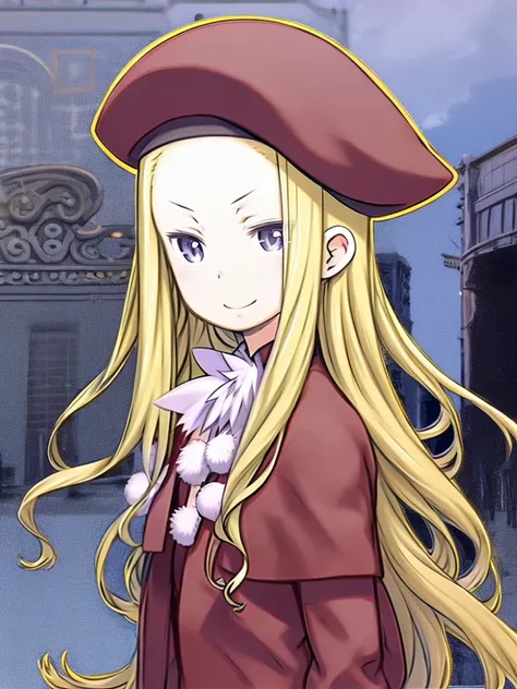  cute girl、blonde hair、 Straight Long Hair、Beret、Forehead、amount、Purple Eyes、smile、 upper body、 small breasts、