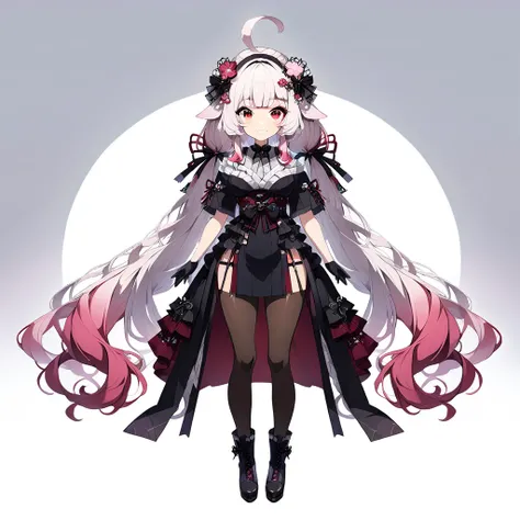 ((full body, the front)), ((solo)), 1girl, ((virtual youtuber)), complex cloth, looking at viewer, ((upright)), arms at sides, concept art, ((white background)), ((simple background)), (sheep ears), white hair, pink dip-dye hair, very long hair, blunt bang...