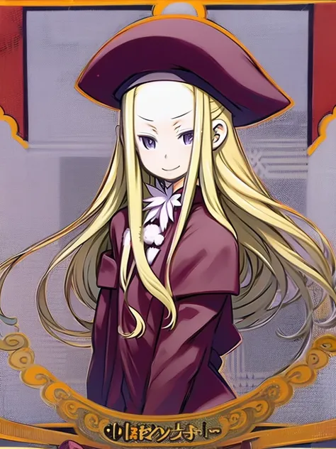  cute girl、blonde hair、 Straight Long Hair、Beret、Forehead、amount、Purple Eyes、smile、 upper body、 small breasts、