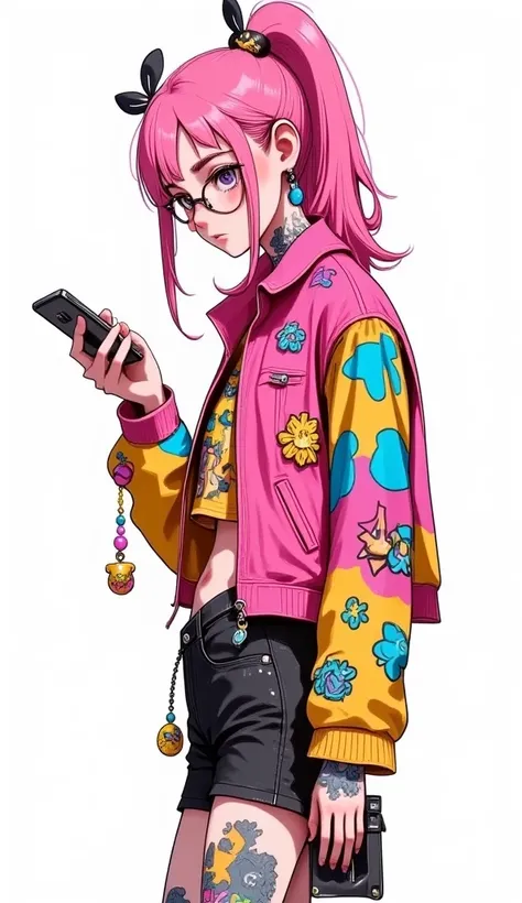  full body general plan  :1.3,  There is a woman with tattoos on her arms and a cell phone  ,  she is in the profile of the camera  ,  she has a pink leather jacket  ,  with teddy bear ornaments  , flowers stars  , wear reading glasses ,  she has a ponytai...