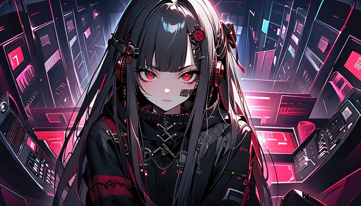 Cross-eyed、 ahe face、 red eyes、blunt bangs、black hair gray hair mesh 、 straight long hair、Gothic punk、pierce、 hair ornament、 headphones、Play DJ controller、DJ Booth、 movie scene、、8k、