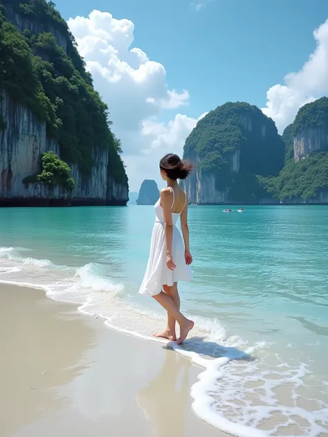 Vietnams Halong Bay beach .  realistic image of a lovely Korean woman in her 50s. I was wearing a sleeveless top.  Short Mid-length Hair .  capture the essence of a carefree summer day .  Her footprints must be visible on the sand ,  I want to look at it f...