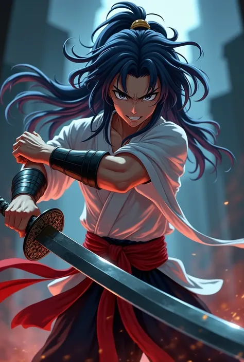 (( best quality )) (anime), A muscular young man,  with long navy blue hair , ((white kimono)), a red belt around the waist,  wielding a samurai sword . He has tall canines ,  giving him a fierce appearance.  the atmosphere is dramatic ,  with dark and mys...