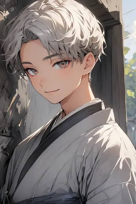 A young man of 20 years old, short gray hair ,  brown eyes , wearing a grey kimono with white details