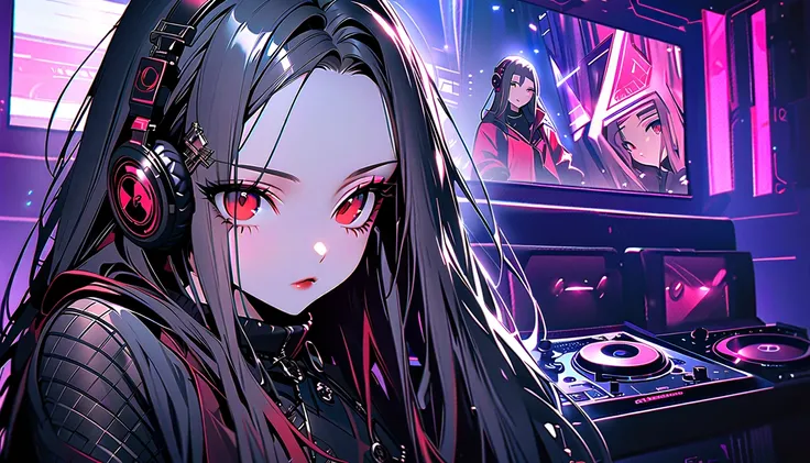 (((beautiful fine hair))),(((beautiful fine face))),(((beautiful fine background))),Cross-eyed、Forehead、blunt bangs、 ahe face、 red eyes、blunt bangs、black hair gray hair mesh 、 straight long hair、Gothic punk、pierce、 hair ornament、 headphones、Play DJ control...