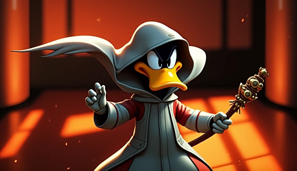 Daffy Duck The Wizard in a realistic, cinematic, final fantasy, 8K style, with a serious and determined look with shiny feathers and realistic and technological details in his serious and determined expression. He wears a technological white robe with red ...