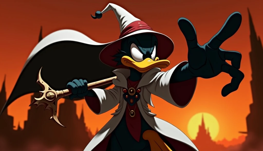 Daffy Duck The Realistic Wizard is with realistic details in a realistic, cinematic, final fantasy, 8K style, with serious and determined look with bright feathers and realistic and technological details in its serious and determined expression. He wears a...