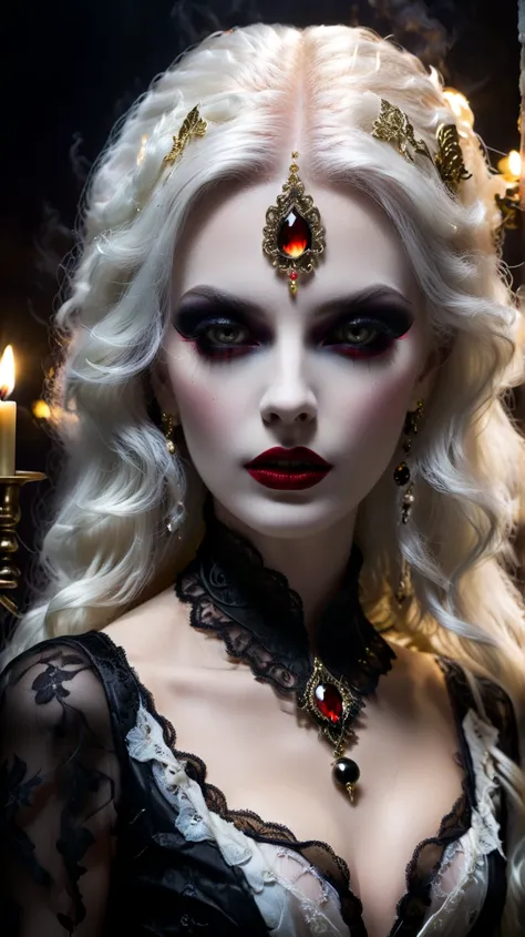 (best quality,4k,8k,highres,masterpiece:1.2),ultra-detailed,(realistic,photorealistic,photo-realistic:1.37),concept art full-length portrait of Vampira,high saturation,detailed eyes,detailed lips,long white  hair flowing in the wind, white skin, lacy gothi...