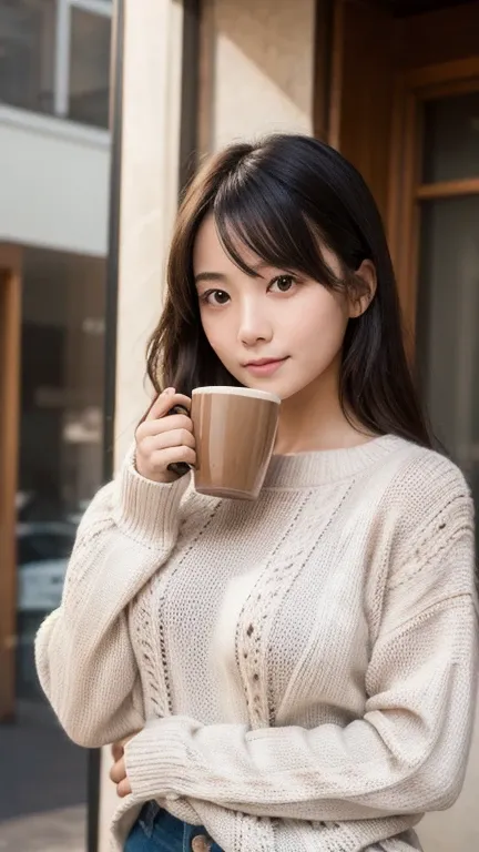 highest quality, masterpiece, ultra high resolution, (realistic:1.4), Raw photo,  1 Japanese girl, round face,  and the eyes are big, cute,  knitted sweater with coffee in hand,  slender ,  Big Breasts 