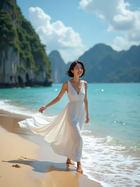 Vietnams Halong Bay beach . Realistic images of lovely Korean women in their 50s. I was wearing a white dress.  Short Mid-length Hair .  capture the essence of a carefree summer day .  Her footprints must be visible on the sand ,  I want to look at it from...