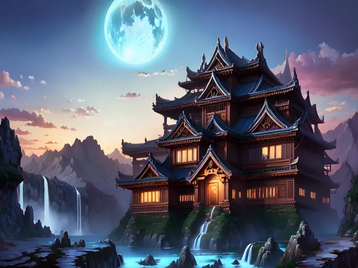 grand chase background, grand chase illustration, outdoors, sky, cloud, water, tree, no humans, night, moon, building, night sky, scenery, full moon, mountain, architecture, house, east asian architecture, waterfall