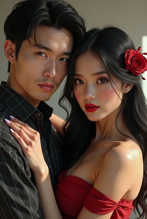 Boy and girl Couple pictures with black hair and red lips [girl with sexy dress][boy woth pogi shirt]