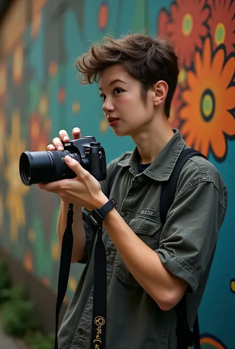 YOUNG MAN IN THE IMAGE WITH NEVER PROFESSIONAL CAMERA IN HIS HANDS AND ARTISTIC BACKGROUND