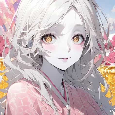  A 30-year-old woman , white skin and platinum white hair ,  honey-eyed , thin, wearing a pink kimono 