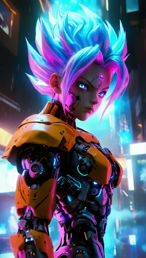 A super Saiyan cyborg,   highly detailed  ,  hyperrealistic poses,  cinematographic lighting , dramatic, brave,  melancholic nighttime , neon lights, aura of bright energy, intense expression,  mechanical parts ,  cyberpunk style, advanced technology,  fut...