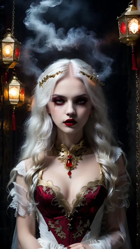 (best quality,4k,8k,highres,masterpiece:1.2),ultra-detailed,(realistic,photorealistic,photo-realistic:1.37),concept art full-length portrait of young female vampire,high saturation,detailed eyes,detailed lips,long white  hair flowing in the wind, white ski...