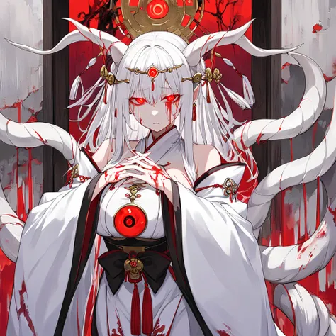 1 woman. long bright white hair. busty. decorated ram horns. wearing a shrine priestess outfit. she has her hands nailed to a door. she gas a red glowing third eye. She is dying. bleeding from her hands.