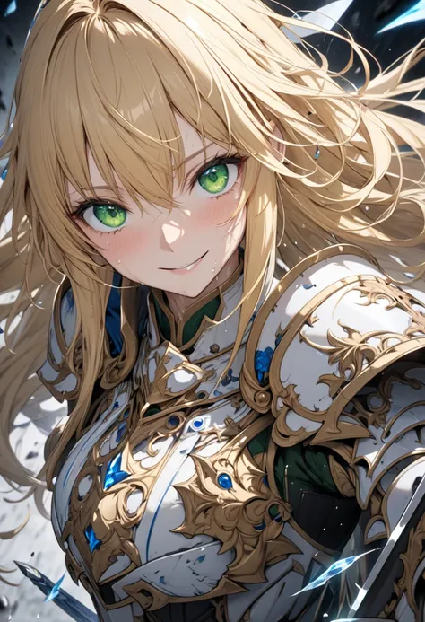 (beautiful and delicate), (holy war illustration), (in a Crystal and Damage is visible Knight Armor), (sweaty skin), ((close up face, focus face, focus eyes, from above)), break, solo, pov, (beauty straight, vivid blonde long hair, ultra beautiful sword kn...