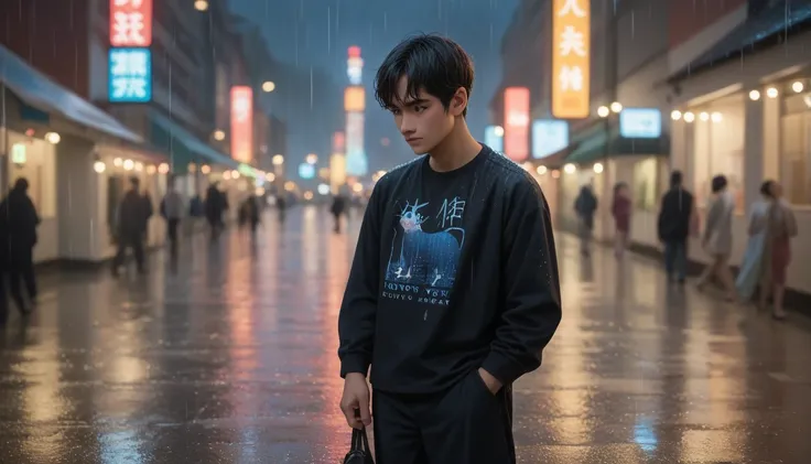 20 year old model, cute, perfect face, black hair, dressed in a black t-shirt, black jacket and black pants, has a black chinstrap covering his face, dark colors of his surroundings, is in a city at night with light lights, its raining, masterpiece.