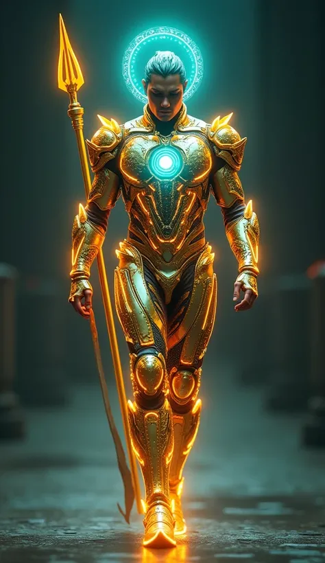 Create an animation of a futuristic Indian warrior walking with pride. The warrior is clad in radiant gold and turquoise nanotech armor, glowing with dynamic holographic patterns inspired by Indian heritage. Their plasma trident hums faintly, pulsing with ...