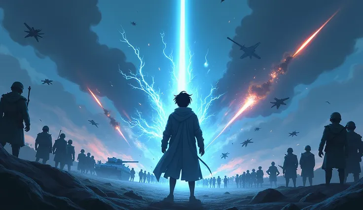 Manhwa style; In the mountainous terrain, there is a guy in front, he has black hair and is wearing a hoodie, he is standing with his back to the frame, a dim blue aura envelops his body, 10000 soldiers, tanks, fighter jets fighting him, missile rocket is ...