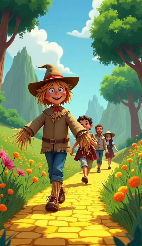 A vibrant, whimsical 2D animation The people of Oz, the scarecrow walk down the yellow brick road