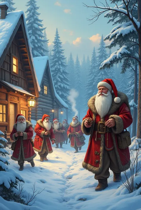 Envision a serene yet lively Nordic village nestled in a tranquil snow-covered forest, where an array of playful Santas are seen reveling in the festive spirit. Each Santa is adorned in unique, rustic outfits that reflect the traditional craftsmanship of t...