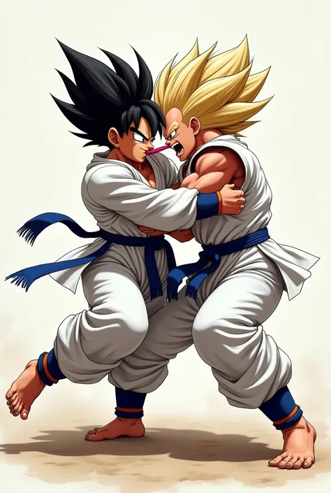 Goku licking ipon with judo technique with Vegueta and both with full white judogui another but this time doing lansamiendo with technique