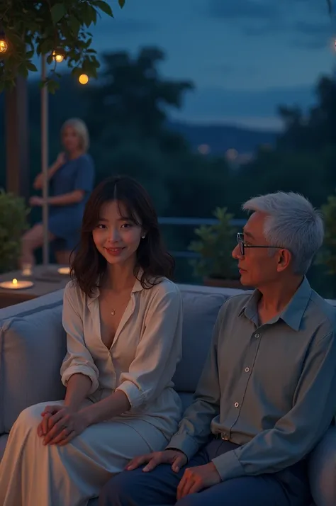 A girl sits on a sofà, open air, night. She Is very chilled and attractive. There Is the husband behind and an aged couple nearby 