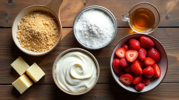 A beautifully arranged flat-lay of baking ingredients on a rustic wooden table. The items include a Graham cracker crumbs, Unsalted butter, melted, Cream, cheese, softened, Powdered sugar, Vanilla extract, Fresh strawberries, sliced. Do not repeat the ingr...