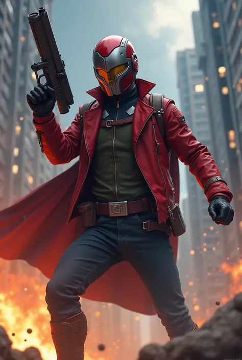 Star-Lord（Star-Lord，From Marvel）：
 Star-Lord wears an iconic red jacket and helmet ，He held a dual energy gun。His rocket boots let him float in the air，Confident movements，He was ready to fight at any time。He has a focused look beneath his helmet， have a f...