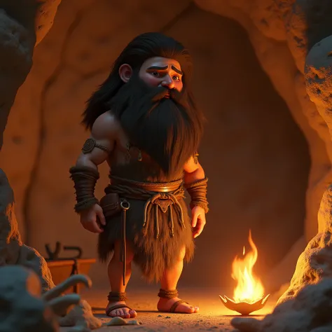 Caveman ,  animal skin clothing ,  clothes are brown made of fur ,  The man has long hair and a long beard ,  setting is a cave illuminated by a fiery torch,  the cave paintings ,  animal bones also ,  image quality 3D animation .