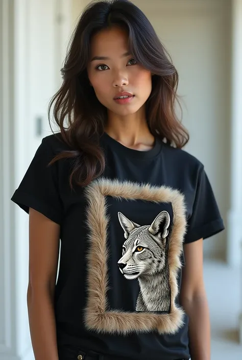 A picture of a models tshirt with a fur frame inside the frame is a wild animal, elegant ,cool and a lot of people like 