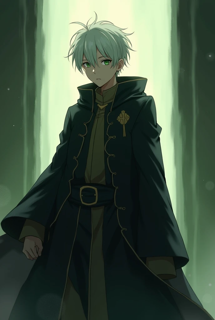   masterpiece fails,  best quality , (anime), ( best illustration ), ( best shadow),  realistic lighting ,  beautiful detailed glow , ((21 years old)),  young guy,  skinny build ,  short white hair, priest,  green eyes , in a black church robe, raincoat , ...