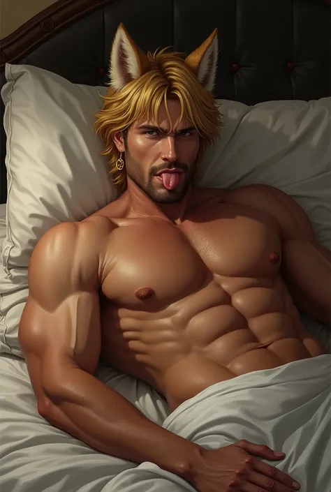 A man lying in bed with wolf ears, gold hair, gold earrings, and top off his top, sticking out his tongue, muscles in his body, and sticking out his panties