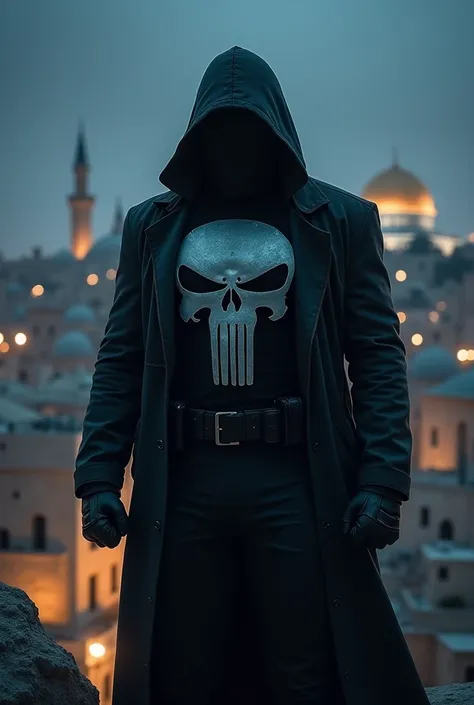 The Punisher Back turned watches Jerusalem at night, wearing a skull vest,The hood is pulled over his head black gloves and a black raincoat Dont let the back be foggy