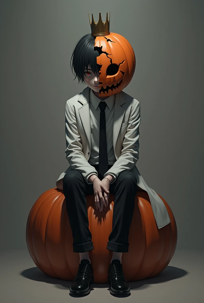 dark anime boy with broken half pumpkin mask covering half face on right side mask and wearing white coat and black tie and crown on head and like it and siting on and pumpkin mask on right side  right and mask on right
Mature 20