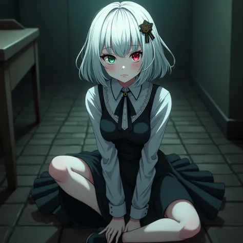 vampire, Loli, gothic_dress, choppy_bob_hair, white_hair, ashen_skin, red_green_eyes, looking_at_viewer, anime_style, smirking
Anime woman feet, cinematic sit on the floor, Low_Angle, 