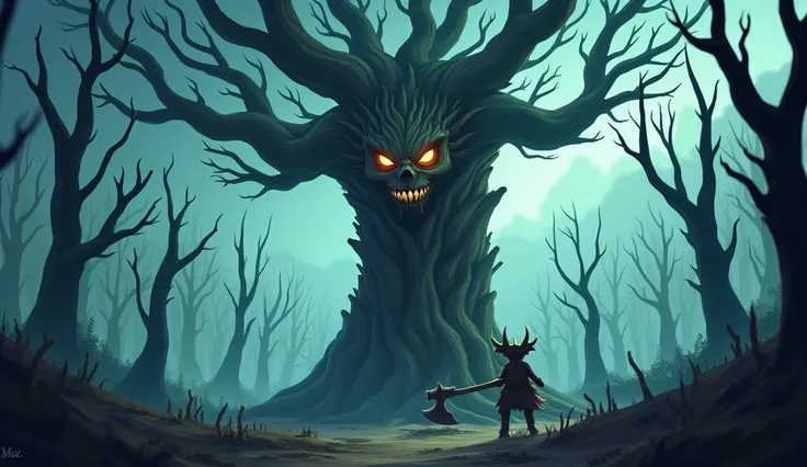 "A magical demon tree with a human face, its bark twisted and dark. The trees expression is fierce and otherworldly, with glowing eyes and sharp features. In the background, withering, dead trees surround it, their branches dry and barren, creating an eeri...